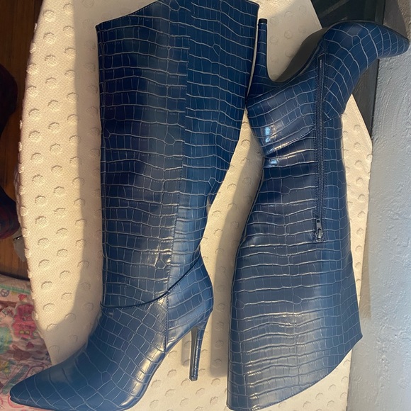 SHOE DAZZLE Night Is Young Asymmetrical Teal Stiletto Boot - Picture 9 of 16